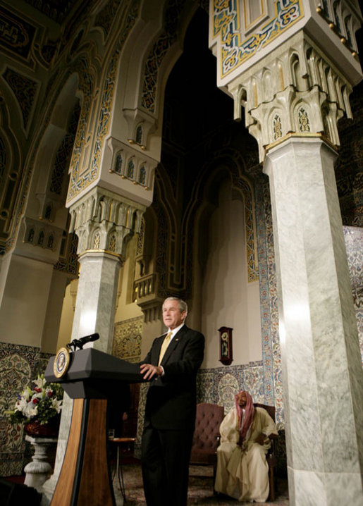 President George W. Bush addresses his remarks at the 50th anniversary rededication ceremony of the Islamic Center of Washington Wednesday, June 27, 2007, where President Bush announced that he will appoint a Special Envoy to the Organization of the Islamic Conference. Dr. Abdullah Khouj, director of the the Islamic Center, is seen listening in background. White House photo by Eric Draper