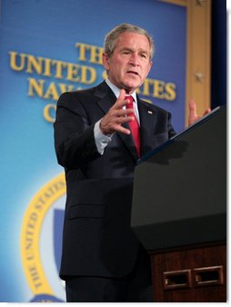 President George W. Bush addresses his remarks on national security and the war in Iraq at the Naval War College in Newport, R.I., Thursday, June 28, 2007, saying "With the help of our troops, the Iraqi security forces are growing in number, they are becoming more capable, and coming closer to the day when they can assume responsibility for defending their own country." White House photo by Eric Draper