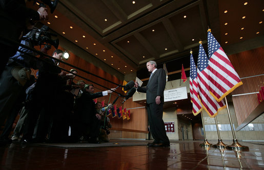 President George W. Bush delivers brief remarks after visiting with troops Tuesday, July 3, 2007, at Walter Reed Army Medical Center in Washington, D.C. White House photo by Eric Draper