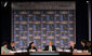 President George W. Bush responds to a question Monday, July 9, 2007, during A Conversation on the Americas in Arlington, Va. The President and Mrs. Laura Bush are hosting the conference to highlight United States engagement and discuss more effective ways to deliver aid and strengthen civil society. White House photo by Chris Greenberg