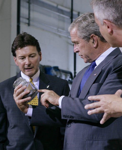 President George W. Bush is shown alternative fuel development technology Tuesday, July 10, 2007, during his visit to GrafTech International, Ltd. in Parma, Ohio. GrafTech is developing new fuel cell components from natural graphite to increase efficiency and reliability. White House photo by Chris Greenberg