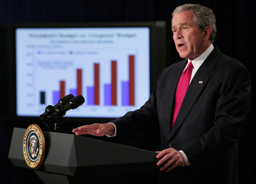 President George W. Bush delivers remarks on the Fiscal Year 2008 budget Wednesday, July 11, 2007, in the Eisenhower Executive Office Building. The President's budget lays out a detailed plan to balance the budget by 2012 while keeping taxes low. White House photo by Eric Draper