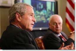 President George W. Bush speaks to members of the media at a meeting with members of his National Security team Friday, July 13, 2007, in the Roosevelt Room at the White House during a video teleconference with Iraq Provincial Recontsruction Team Leaders, Embedded Provincial Reconstruction Team Leaders and Brigade Combat Commanders.  White House photo by Eric Draper