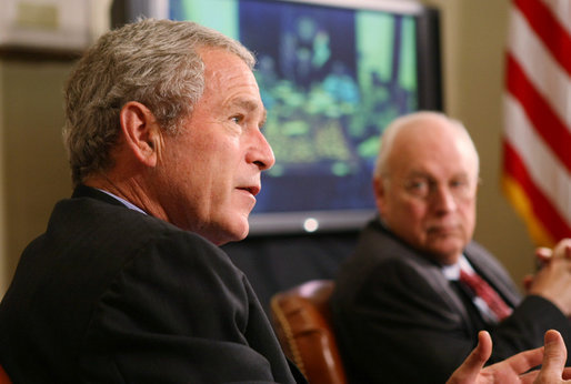 President George W. Bush speaks to members of the media at a meeting with members of his National Security team Friday, July 13, 2007, in the Roosevelt Room at the White House during a video teleconference with Iraq Provincial Recontsruction Team Leaders, Embedded Provincial Reconstruction Team Leaders and Brigade Combat Commanders. White House photo by Eric Draper