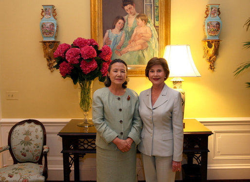 Mrs. Laura Bush hosts a tea for Mrs. Yoo Soon-taek, wife of U.N. Secretary General, Ban Ki-moon, Tuesday, July 17, 2007, in the White House residence. White House photo by Shealah Craighead