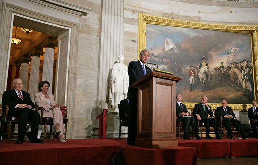 President George W. Bush delivers remarks during the Congressional Gold Medal Ceremony honoring Dr. Norman Bourlag Tuesday, July 17 , 2007, at the U.S. Capitol. "Many have highlighted Norman Borlaug's achievements in turning ordinary staples such as wheat and rice into miracles that brought hope to millions," said President Bush of Dr. Bourlag who has received the Nobel Peace Prize and the Presidential Medal of Freedom. White House photo by Chris Greenberg