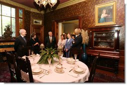 Mrs. Laura Bush tours the Mark Twain House in Hartford, Conn., Tuesday, July 24, 2007, joined by U.S. Sec. of Education Margaret Spellings, Lt. Gov. Mike Fedele, and his wife, Carol, along with the executive director of the Mark Twain house, Debra Petke; Save Americas Treasures Director Bobbie Greene McCarthy and Dr. Bruce Cole, chairman of the National Endowment for the Humanities. White House photo by Shealah Craighead