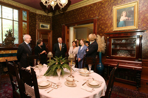 Mrs. Laura Bush tours the Mark Twain House in Hartford, Conn., Tuesday, July 24, 2007, joined by U.S. Sec. of Education Margaret Spellings, Lt. Gov. Mike Fedele, and his wife, Carol, along with the executive director of the Mark Twain house, Debra Petke; Save Americas Treasures Director Bobbie Greene McCarthy and Dr. Bruce Cole, chairman of the National Endowment for the Humanities. White House photo by Shealah Craighead