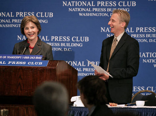 Mrs. Laura Bush participates in a question and answer session after addressing the National Press Club Wednesday, July 25, 2007 in Washington D.C. Mrs. Bush, joined by National Press Club President Jerry Zremski, talked about inspiring stories of what people are doing to help those with HIV/AIDS. "But certainly one of the most moving parts is the work that so many groups are doing on ground in Africa," said Mrs. Bush. "(Bruce Wilkinson, Director of the RAPIDS Consortium), have a donor who has given 23,000 bicycles to Zambia, so that the care-givers that we met can literally go door to door in their neighborhoods and find out who needs help." White House photo by Shealah Craighead