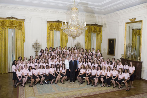 President George W. Bush poses with girl members of the 2007 Boys and Girls Nation delegates Wednesday, July 25, 2007, following his address to the group in the East Room of the White House. White House photo by Joyce N. Boghosian