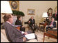 President George W. Bush meets with co-chairs of the President's Commission on Care for America's Returning Wounded Warriors, former Health and Human Services Secretary Donna Shalala and former Senator Bob Dole, left, Wednesday, July 25, 2007, joined by outgoing Veterans Affairs Secretary Jim Nicholson in the Oval Office at the White House.  White House photo by Joyce N. Boghosian