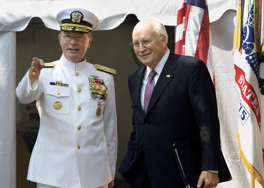 Vice President Dick Cheney talks with Vice Chairman of the Joint Chiefs of Staff Admiral Edmund P. Giambastiani, Jr., Friday, July 27, 2007, during a retirement ceremony for "Admiral G" in Annapolis, Md. Admiral Giambastiani has served in the U.S. Navy for 37 years. White House photo by David Bohrer