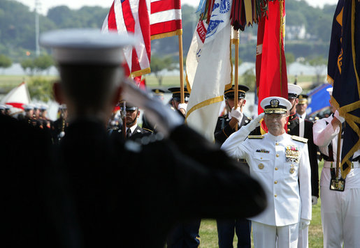 Admiral Edmund P. Giambastiani, Jr. returns a salute from Chairman of the Joint Chiefs of Staff General Peter Pace, Friday, July 27, 2007, during a retirement ceremony for Giambastiani at the Naval Academy in Annapolis, Md. "On the 3rd of June, 1970, Edmund Giambastiani, Jr. became an officer -- raising his right hand and swearing to defend the Constitution of the United States against all enemies, foreign and domestic," said Vice President Dick Cheney during the ceremony, adding, "He has been faithful to that oath, and he has earned the satisfaction of this moment. We honor this leader of distinction for his 37 years of commissioned service; for his lifetime of achievement; and for the sterling example he leaves to us all." White House photo by David Bohrer