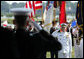 Admiral Edmund P. Giambastiani, Jr. returns a salute from Chairman of the Joint Chiefs of Staff General Peter Pace, Friday, July 27, 2007, during a retirement ceremony for Giambastiani at the Naval Academy in Annapolis, Md. "On the 3rd of June, 1970, Edmund Giambastiani, Jr. became an officer -- raising his right hand and swearing to defend the Constitution of the United States against all enemies, foreign and domestic," said Vice President Dick Cheney during the ceremony, adding, "He has been faithful to that oath, and he has earned the satisfaction of this moment. We honor this leader of distinction for his 37 years of commissioned service; for his lifetime of achievement; and for the sterling example he leaves to us all." White House photo by David Bohrer