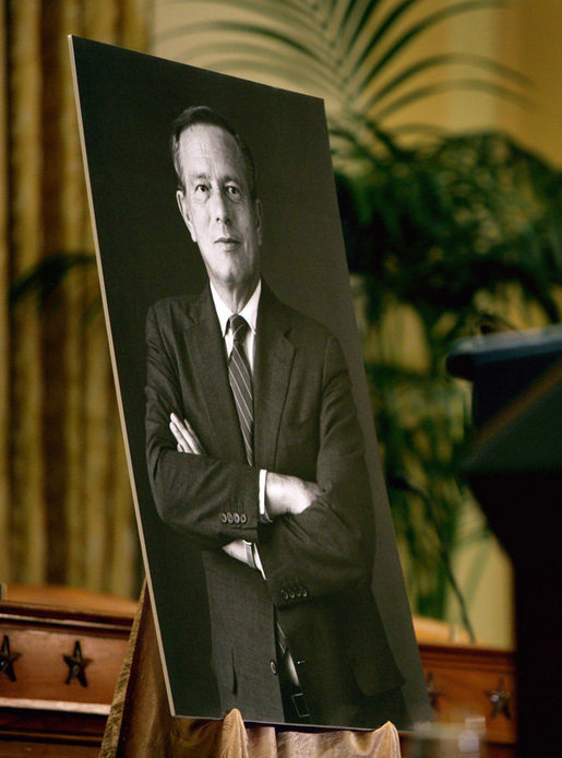 A photograph of Representative Guy A. Vander Jagt is seen Thursday, August 2, 2007 during a memorial service at the U.S. Capitol. Vander Jagt, a former Michigan congressman who died June 22, served in the U.S. House of Representatives from 1966 to 1993 and as chairman of the National Republican Congressional Committee for more than 15 years. Said Vice President Cheney, "Guy was a happy warrior for his principles and for his party. But he was comfortable on the other side of the aisle and he had friends of every stripe." White House photo by David Bohrer