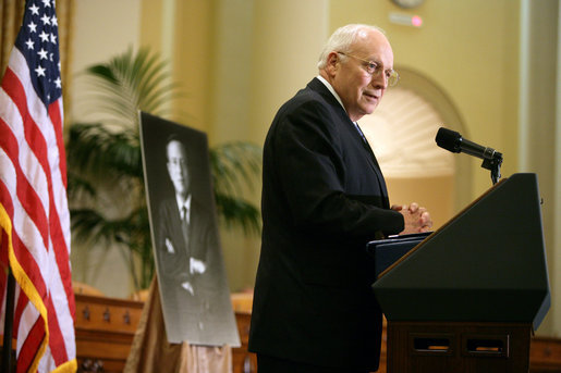 Vice President Dick Cheney delivers remarks, Thursday, August 2, 2007, at a memorial Service for former Representative Guy A. Vander Jagt at the U.S. Capitol. "From the first days of the 90th Congress to the last days of the 102nd, Guy Vander Jagt was a standout member of this House," said Vice President Cheney. "I'd wager that each of his colleagues, and each person in this room today, can recall a time when Guy did something especially generous or considerate just for us. For my part, there are many." White House photo by David Bohrer