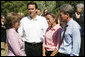 Mrs. Laura Bush meets with Minnesota Governor Tim Pawlenty, left, his wife, Mary Pawlenty and Minneapolis Mayor R.T. Rybak, right, at the site of the I-35W bridge collapse Friday, Aug. 3, 2007 in Minneapolis. Mrs. Bush also visited an emergency operations center and met with volunteers and first responders. White House photo by Chris Greenberg