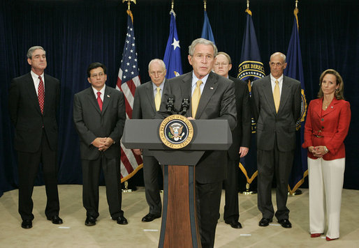 President George W. Bush addresses the press after meeting with his counterterrorism team at the J. Edgar Hoover FBI Building in Washington, D.C., Friday, Aug. 3, 2007. "The people on this team, assembled in this building see the world the way it is, not the way we hope it is," said the President. "And this is a dangerous world because there's an enemy that wants to strike the homeland again." White House photo by Joyce N. Boghosian