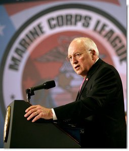 Vice President Dick Cheney delivers remarks, Monday, August 6, 2007, to the annual convention of the Marine Corps League in Albuquerque, N.M. "The men and women of the Marine Corps have done more than defend this nation -- they have enhanced the character of this nation," said the Vice President. "Marines have been on the front lines of virtually every war, carrying out hundreds of successful missions on foreign shores. Marines have taken and held ground in some of the most perilous and desperate circumstances ever seen in warfare. And in their courage they have written some of the noblest chapters in military history." White House photo by David Bohrer