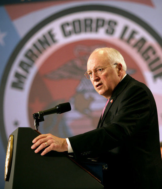 Vice President Dick Cheney delivers remarks, Monday, August 6, 2007, to the annual convention of the Marine Corps League in Albuquerque, N.M. "The men and women of the Marine Corps have done more than defend this nation -- they have enhanced the character of this nation," said the Vice President. "Marines have been on the front lines of virtually every war, carrying out hundreds of successful missions on foreign shores. Marines have taken and held ground in some of the most perilous and desperate circumstances ever seen in warfare. And in their courage they have written some of the noblest chapters in military history." White House photo by David Bohrer