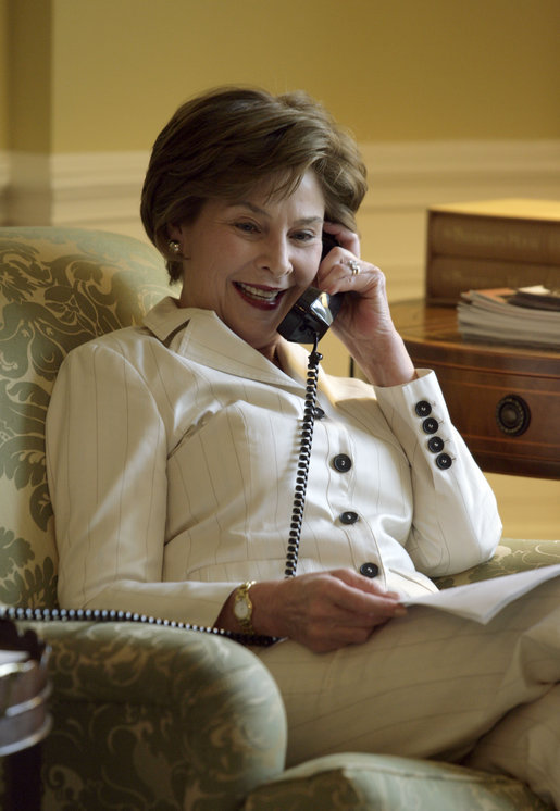 Mrs. Laura Bush called Barbara Morgan—an astronaut and former teacher who will travel to space for the first time—from the private residence of the White House Tuesday, Aug. 7, 2007. Mrs. Bush expressed congratulations from "one schoolteacher to another" and noted that she and the President appreciate Ms. Morgan’s commitment to America’s space program, to teaching, and to students. Ms. Morgan is a mission specialist for the flight of the Space Shuttle Endeavour to the International Space Station, scheduled to launch August 8, 2007. White House photo by Shealah Craighead