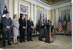 President George W. Bush stands with his economic advisors as he delivers a statement to the press Wednesday, Aug. 8, 2007, at the U.S. Department of Treasury in Washington, D.C. "Since 2003, our economy has added more than 8.3 million new jobs and almost four years of uninterrupted growth," said President Bush. "We continue to grow at a steady pace, and during the most recent quarter, it grew at an annual rate of 3.4 percent." White House photo by Chris Greenberg