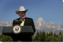 Vice President Dick Cheney delivers remarks Saturday, Aug. 11, 2007, during a dedication ceremony for the Craig Thomas Discovery and Visitor Center in Grand Teton National Park in Moose, Wyo. The center, named after the late Republican Sen. Craig Thomas who died June 4 while being treated for leukemia, features an interpretive center, art gallery and 30-foot windows that offers views of the Teton Range. White House photo by David Bohrer