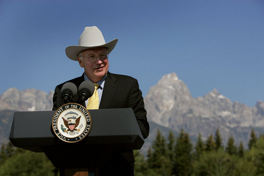 Vice President Dick Cheney delivers remarks Saturday, Aug. 11, 2007, during a dedication ceremony for the Craig Thomas Discovery and Visitor Center in Grand Teton National Park in Moose, Wyo. The center, named after the late Republican Sen. Craig Thomas who died June 4 while being treated for leukemia, features an interpretive center, art gallery and 30-foot windows that offers views of the Teton Range. White House photo by David Bohrer