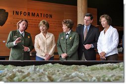 Mrs. Laura Bush speaks to Junior Rangers during her visit to Grand Teton National Park Aug. 27, 2007, in Moose, Wyo. "One of the most fabulous national parks in Wyoming and in the United States is the one we're in right now, the Grand Teton," said Mrs. Bush. "Home to some of the most awe-inspiring landscapes in the world, this park is known for its magnificent mountain range, its pristine lakes, and its sagebrush-covered valley." White House photo by Shealah Craighead