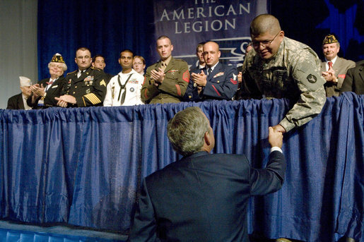 President George W. Bush shakes hands with military personnel attending the American Legion 89th Annual Convention Tuesday, Aug. 28, 2007, in Reno, Nev. following his speech to Legion members. White House photo by Chris Greenberg