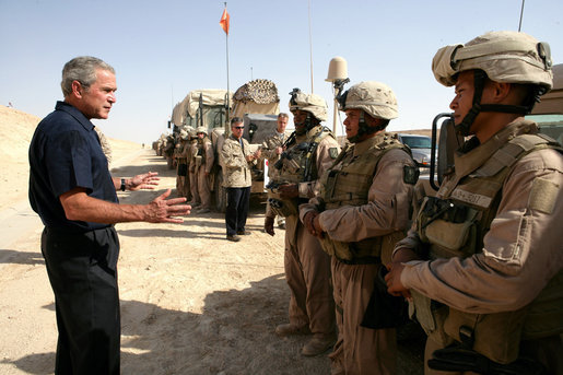 President George W. Bush speaks to members of the Regimental Combat Team-2, Marine Wing Support Combat Patrol at Al Asad Airbase, Al Anbar Province, Iraq, Monday, September 3, 2007. White House photo by Eric Draper