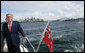 President Bush stands on the deck of the MV AQA during a tour of Sydney Harbour Wednesday, Sept. 5, 2007. The President is in Australia to meet with Prime Minister John Howard and participate in this week's APEC summit. White House photo by Eric Draper