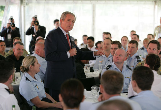 President George W. Bush addresses members of the Australian Defense Force during a luncheon Wednesday on Garden Island in Sydney. The President told the troops, "I believe we are writing one of the great chapters in the history of liberty and peace.So I want to thank you." White House photo by Eric Draper