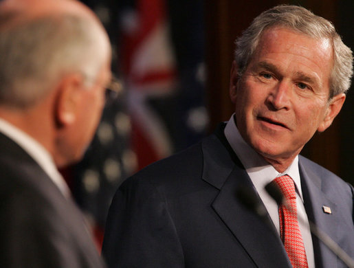 President George W. Bush acknowledges his host, Australia's Prime Minister John Howard, during their joint press availability Wednesday, Sept. 5, 2007, in Sydney. White House photo by Chris Greenberg