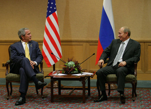 President George W. Bush and President Vladimir Putin of Russia, meet Friday, Sept. 7. 2007, in Sydney prior to the opening of the Asian Pacific Economic Cooperation summit. Said President Bush of their visit, "We are results-oriented people. We want to help solve problems. And we recognize that we can do better solving problems when we work together." White House photo by Eric Draper