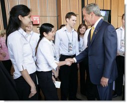 President George W. Bush greets APEC staff outside the Concert Hall at the Sydney Opera House Friday, Sept. 7, 2007, after addressing the APEC Business Summit. White House photo by Eric Draper