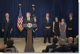 President George W. Bush speaks during the swearing-in ceremony of Jim Nussle as the Director of the Office of Management and Budget in the Dwight D. Eisenhower Executive Office Building Monday, Sept. 10, 2007. Standing with Director Nussle is his wife Karen Nussle, his daughter Sarah and his son Mark. "It's our responsibility to ensure that we run our government wisely and to spend the people's money wisely. Jim Nussle understands that. He also understands that cutting taxes has helped our economy grow," said President Bush. White House photo by Joyce N. Boghosian