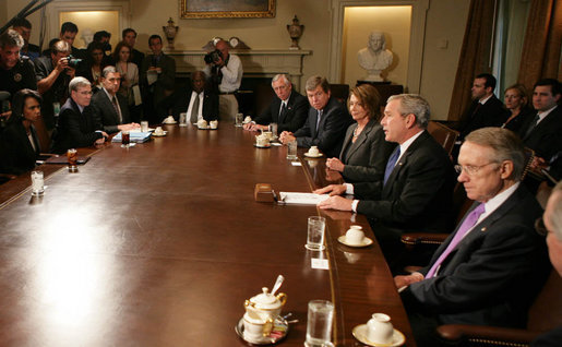 President George W. Bush talks with reporters prior to the start of a Bicameral and Bipartisan Leadership meeting Tuesday, Sept. 11, 2007, at the White House, where President Bush invited the leadership to share their thoughts about Iraq following the report to Congress by General David Petraeus and Ambassador Ryan C. Crocker. White House photo by Eric Draper