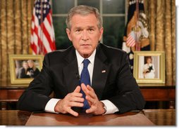 President George W. Bush concludes his address to the nation from the Oval Office Thursday evening, Sept. 13, 2007. Supporting the recommendations issued in a report from General David Petraeus, President Bush said, "Now, because of the measure of success we are seeing in Iraq, we can begin seeing troops come home." White House photo by Eric Draper