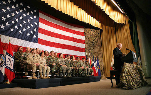 Vice President Dick Cheney addresses Central Command, Special Operations Command and the Sixth Air Mobility Wing Friday, Sept. 14, 2007, at MacDill Air Force Base in Tampa, Fla. "We have shown a watching world that we are a good and just nation: secure in our ideals, fearless in their defense, and willing to sacrifice greatly for the cause of long-term peace," said the Vice President. "We will press on in our mission, and turn events toward victory." White House photo by David Bohrer