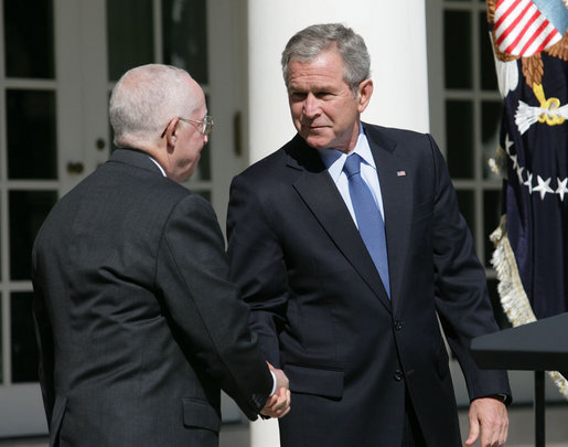 President George W. Bush shakes the hand of Judge Michael Mukasey after announcing his nomination to be U.S. Attorney General Monday, Sept. 17, 2007, in the Rose Garden. White House photo by Eric Draper