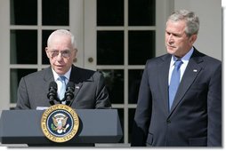 President George W. Bush listens to remarks by Judge Michael Mukasey after announcing his nomination Monday, Sept. 17, 2007, in the Rose Garden, to be the 81st Attorney General of the United States. In thanking the President, Judge Mukasey said, "The department faces challenges vastly different from those it faced when I was an assistant U.S. attorney 35 years ago. But the principles that guide the department remain the same -- to pursue justice by enforcing the law with unswerving fidelity to the Constitution."  White House photo by Chris Greenberg