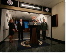 President George W. Bush addresses the press from the National Security Agency Wednesday, Sept. 19, 2007, at Ft. Meade, Md. "Everyday, our intelligence, law enforcement and homeland security professionals confront enemies who are smart, who are ruthless, and who are determined to murder innocent people to achieve their objectives," said the President. "It is the job of Congress to give the professionals the tools they need to do their work as effectively as possible." White House photo by David Bohrer