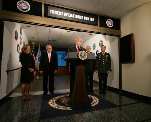 President George W. Bush addresses the press from the National Security Agency Wednesday, Sept. 19, 2007, at Ft. Meade, Md. "Everyday, our intelligence, law enforcement and homeland security professionals confront enemies who are smart, who are ruthless, and who are determined to murder innocent people to achieve their objectives," said the President. "It is the job of Congress to give the professionals the tools they need to do their work as effectively as possible." White House photo by David Bohrer