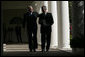 President George W. Bush and Secretary of Agriculture Mike Johanns leave the Rose Garden Thursday, Sept. 20, 2007, after the President announced Mr. Johann's resignation and the Secretary's decision to return to his home state of Nebraska. "Mike has been an outstanding member of my Cabinet," said President Bush. "I thank him from the bottom of my heart for leaving a state he loves to come here to Washington, D.C." White House photo by Eric Draper