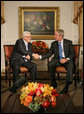 President George W. Bush meets with Palestinian Prime Minister Mahmoud Abbas Monday, Sept. 24, 2007, in New York. "I strongly support the creation of a Palestinian state. I believe it's in the interests of the Palestinian people, I believe it's in the interests of Israel to have a democracy living side-by -- democracies living side-by-side in peace," said President Bush to the press. White House photo by Eric Draper