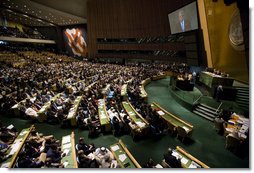 President George W. Bush addresses the United Nations General Assembly Tuesday, Sept. 25, 2007, in New York City. President Bush told the 62nd Assembly, "This great institution must work for great purposes -- to free people from tyranny and violence, hunger and disease, illiteracy and ignorance, and poverty and despair. Every member of the United Nations must join in this mission of liberation." White House photo by Eric Draper