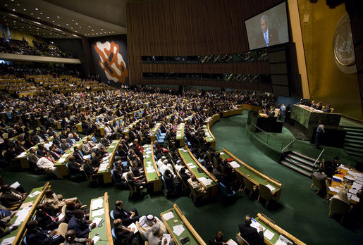 President George W. Bush addresses the United Nations General Assembly Tuesday, Sept. 25, 2007, in New York City. President Bush told the 62nd Assembly, "This great institution must work for great purposes -- to free people from tyranny and violence, hunger and disease, illiteracy and ignorance, and poverty and despair. Every member of the United Nations must join in this mission of liberation." White House photo by Eric Draper