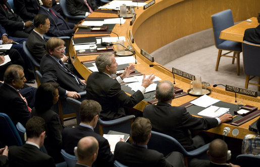 President George W. Bush gestures as he addresses delegates Tuesday, Sept. 25, 2007 at a meeting of the United Nations Security Council on Africa at the United Nations headquarters in New York. White House photo by Eric Draper