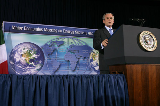 President George W. Bush addresses the Major Economies Meeting on Energy Security and Climate Change Friday, Sept. 28, 2007, at the U.S. State Department. "Our guiding principle is clear: We must lead the world to produce fewer greenhouse gas emissions, and we must do it in a way that does not undermine economic growth or prevent nations from delivering greater prosperity for their people," said President Bush. White House photo by Chris Greenberg